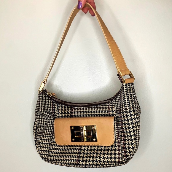 Ralph Lauren Vintage Houndstooth Shoulder Bag Mini Bag Glen Plaid Black Tan Gold - Picture 2 of 13